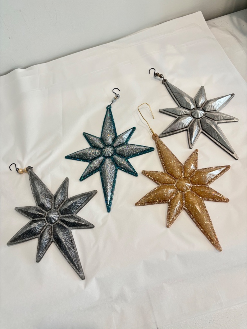 Hanging Christmas ornaments SET OF FOUR resin Bethlehem glitter stars silver tan